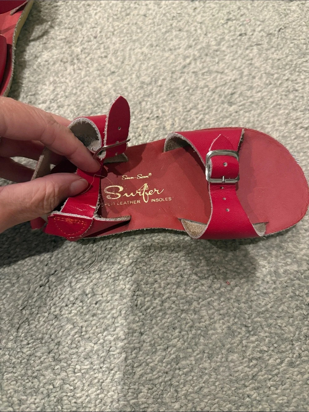 Adjustable Red Leather Kids Sandals with Buckle Straps